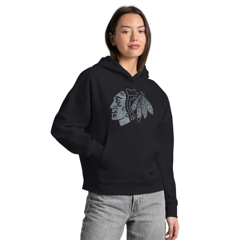Chicago Blackhawks Starter Women's Rhinestone Relaxed Hoodie - Black | NHL Clearance