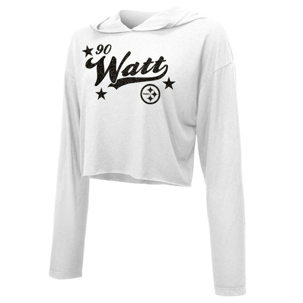 T.J. Watt Pittsburgh Steelers Majestic Threads Women's Glitter Wordmark Hoodie - White - NFL