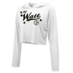 T.J. Watt Pittsburgh Steelers Majestic Threads Women's Glitter Wordmark Hoodie - White - NFL