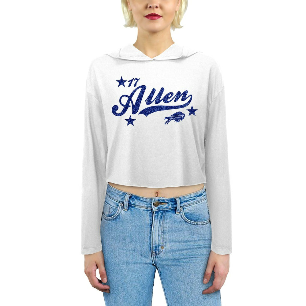 Josh Allen Buffalo Bills Majestic Threads Women's Glitter Wordmark Hoodie - White - NFL