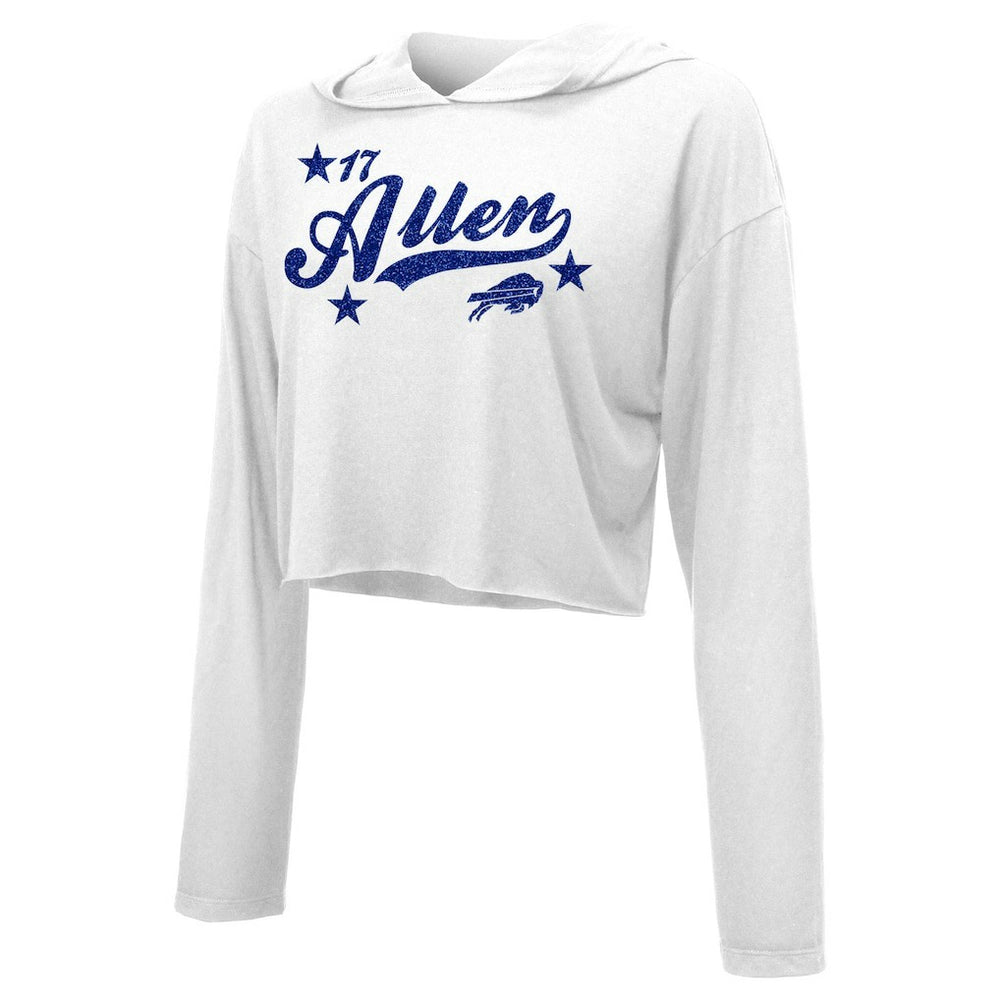 Josh Allen Buffalo Bills Majestic Threads Women's Glitter Wordmark Hoodie - White - NFL
