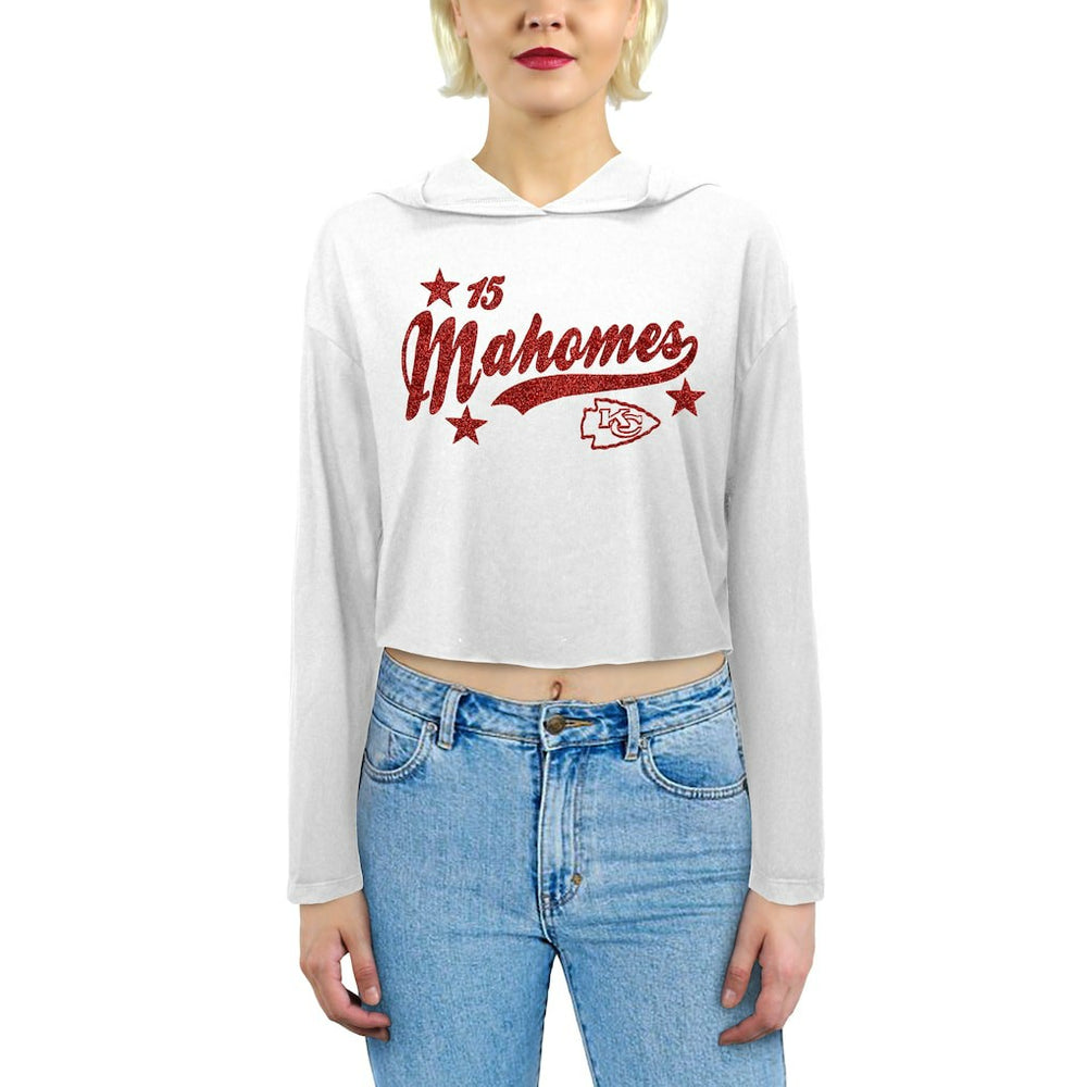 Patrick Mahomes Kansas City Chiefs Majestic Threads Women's Glitter Wordmark Hoodie - White - NFL