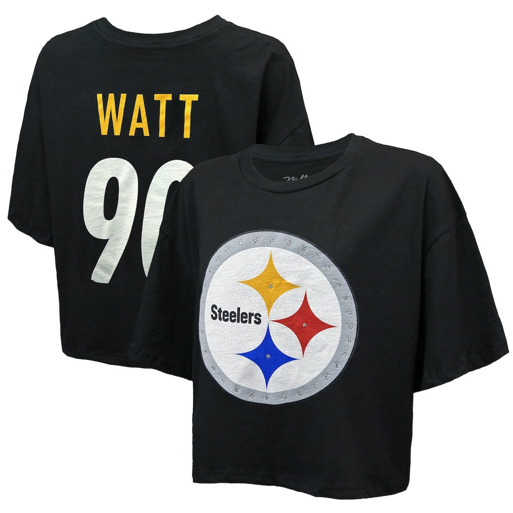 T.J. Watt Pittsburgh Steelers Majestic Threads Women's Swarovski Crystals Boxy Cropped Name & Number T-Shirt - Black - NFL