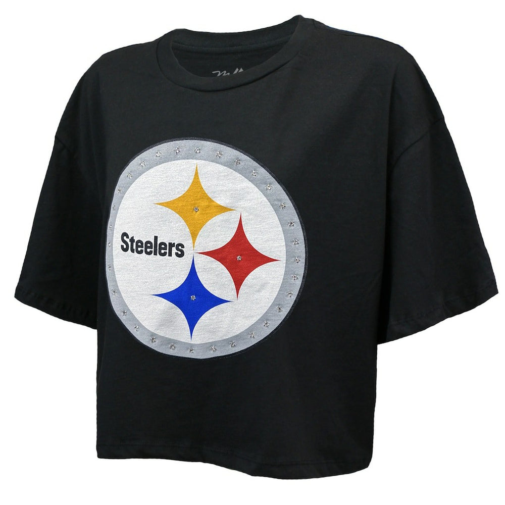 T.J. Watt Pittsburgh Steelers Majestic Threads Women's Swarovski Crystals Boxy Cropped Name & Number T-Shirt - Black - NFL
