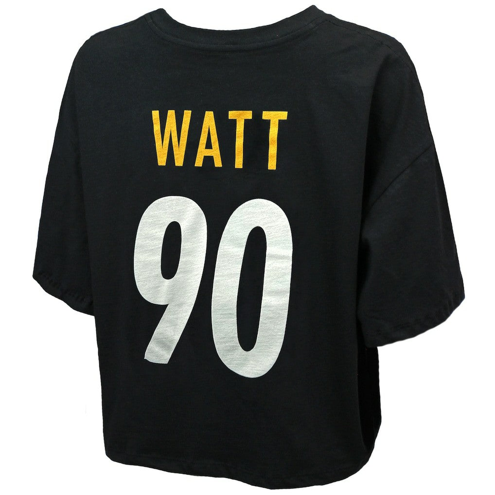T.J. Watt Pittsburgh Steelers Majestic Threads Women's Swarovski Crystals Boxy Cropped Name & Number T-Shirt - Black - NFL