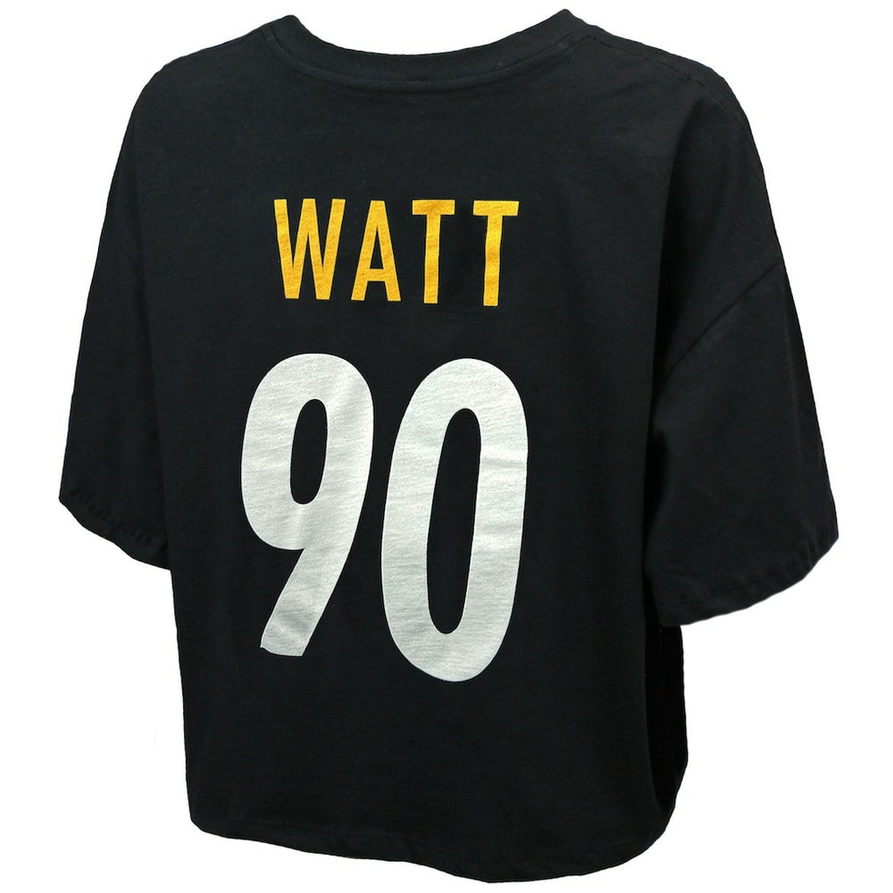 T.J. Watt Pittsburgh Steelers Majestic Threads Women's Swarovski Crystals Boxy Cropped Name & Number T-Shirt - Black - NFL
