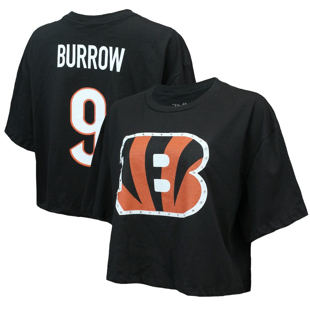 Joe Burrow Cincinnati Bengals Majestic Threads Women's Swarovski Crystals Boxy Cropped Name & Number T-Shirt - Black - NFL