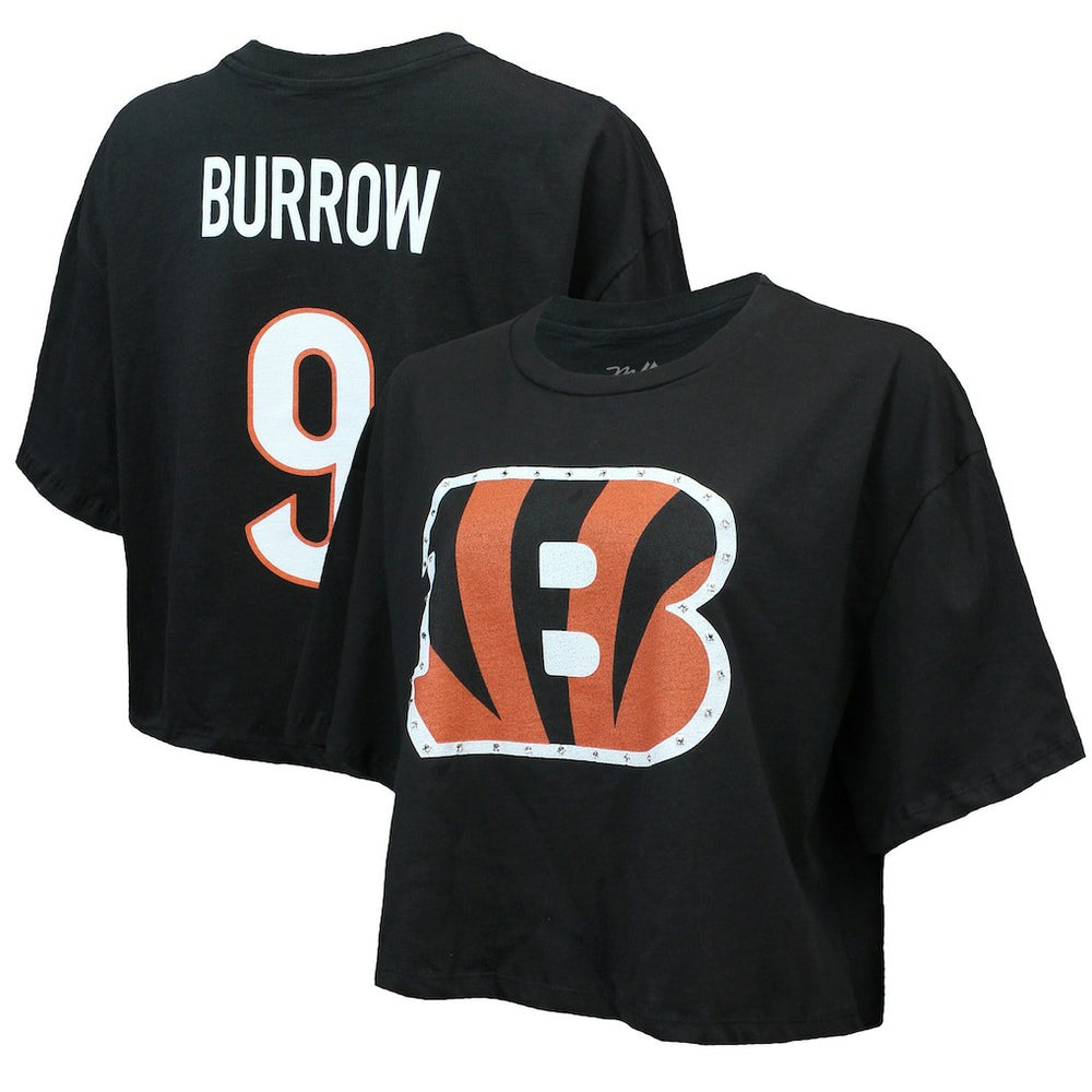 Joe Burrow Cincinnati Bengals Majestic Threads Women's Swarovski Crystals Boxy Cropped Name & Number T-Shirt - Black - NFL