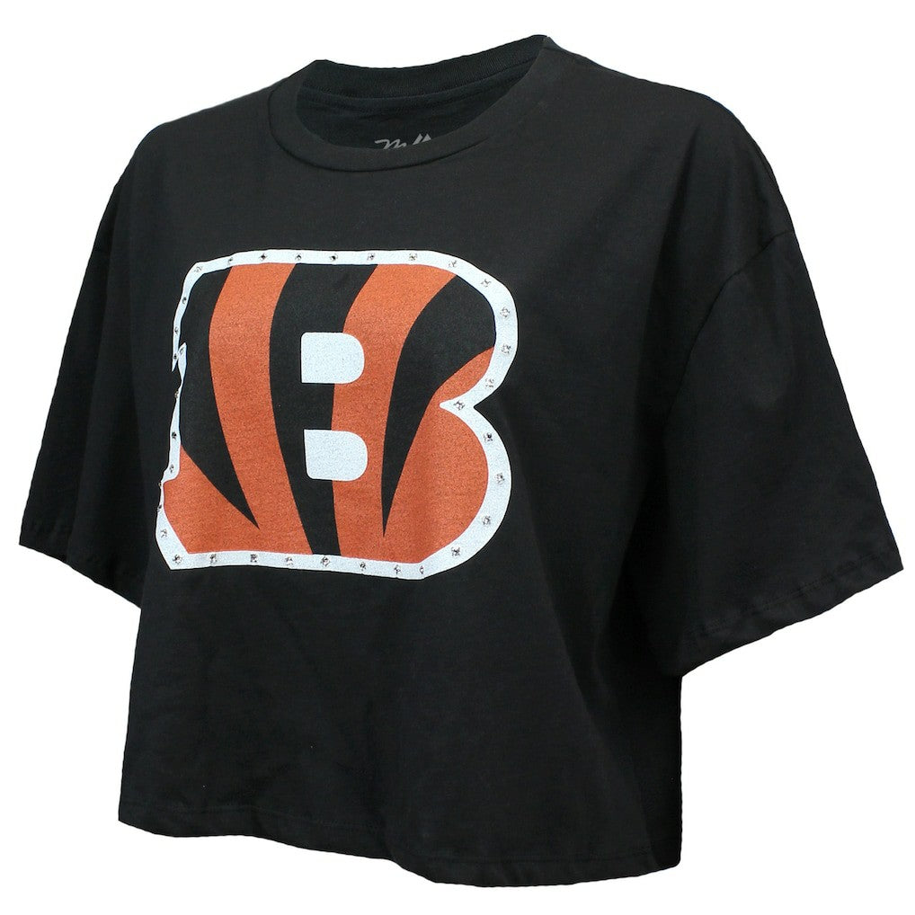 Joe Burrow Cincinnati Bengals Majestic Threads Women's Swarovski Crystals Boxy Cropped Name & Number T-Shirt - Black - NFL