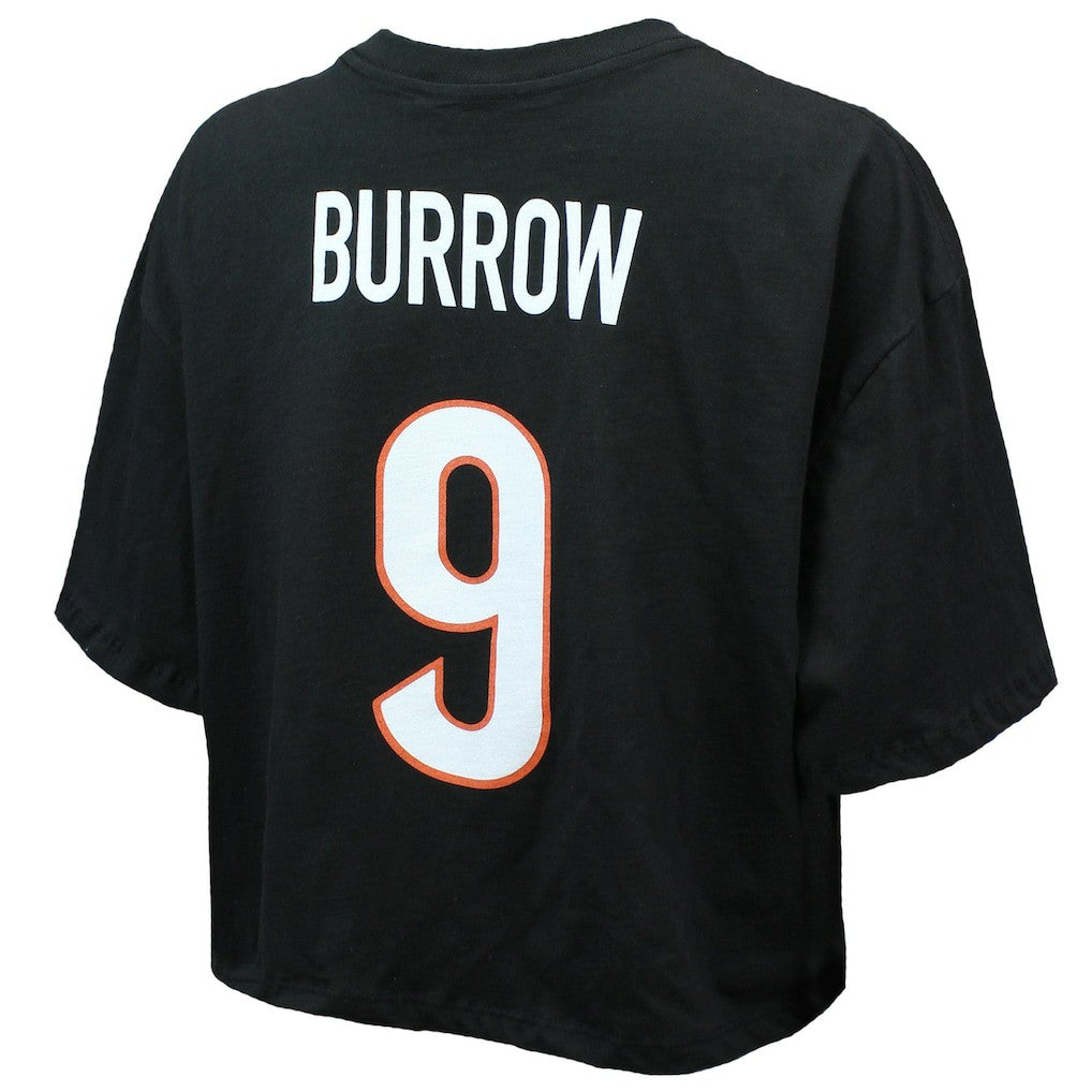 Joe Burrow Cincinnati Bengals Majestic Threads Women's Swarovski Crystals Boxy Cropped Name & Number T-Shirt - Black - NFL