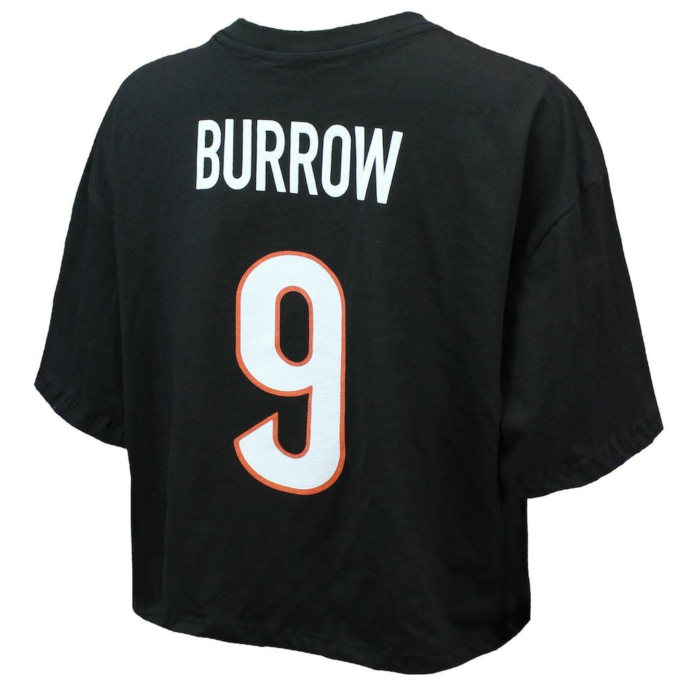 Joe Burrow Cincinnati Bengals Majestic Threads Women's Swarovski Crystals Boxy Cropped Name & Number T-Shirt - Black - NFL