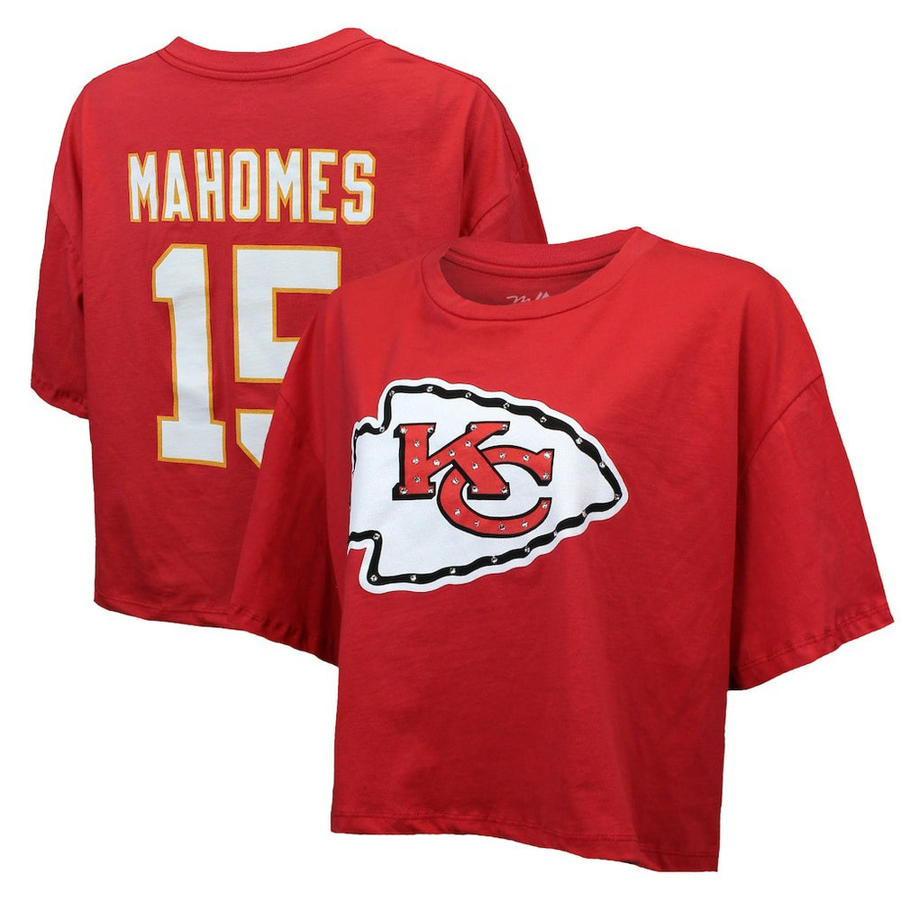 Patrick Mahomes Kansas City Chiefs Majestic Threads Women's Swarovski Crystals Boxy Cropped Name & Number T-Shirt - Red - NFL