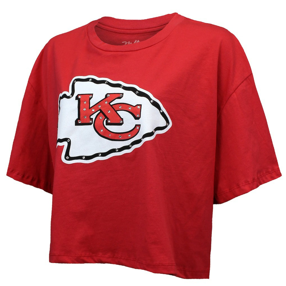 Patrick Mahomes Kansas City Chiefs Majestic Threads Women's Swarovski Crystals Boxy Cropped Name & Number T-Shirt - Red - NFL