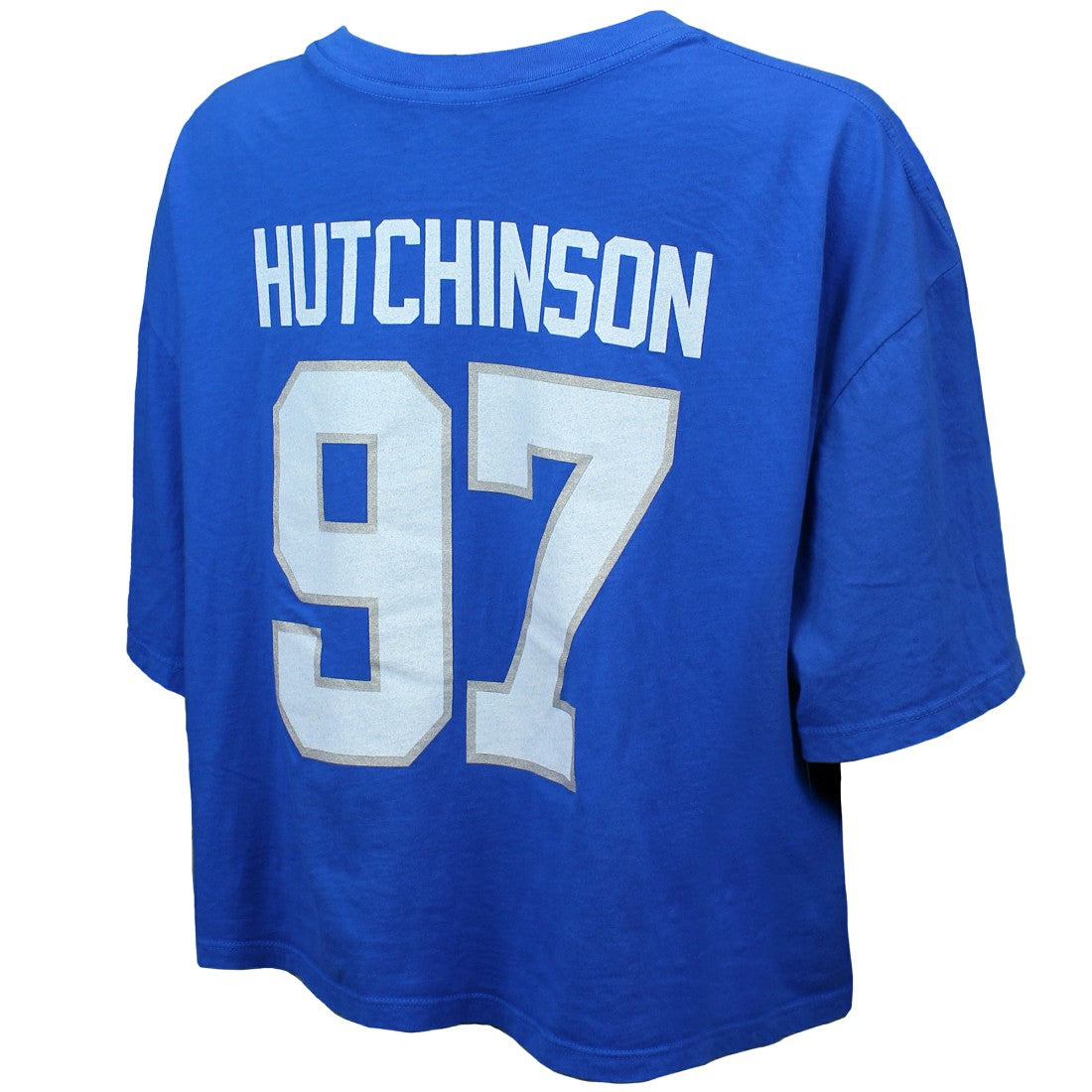 Aidan Hutchinson Detroit Lions Majestic Threads Women's Swarovski Crystals Boxy Cropped Name & Number T-Shirt - Blue - NFL