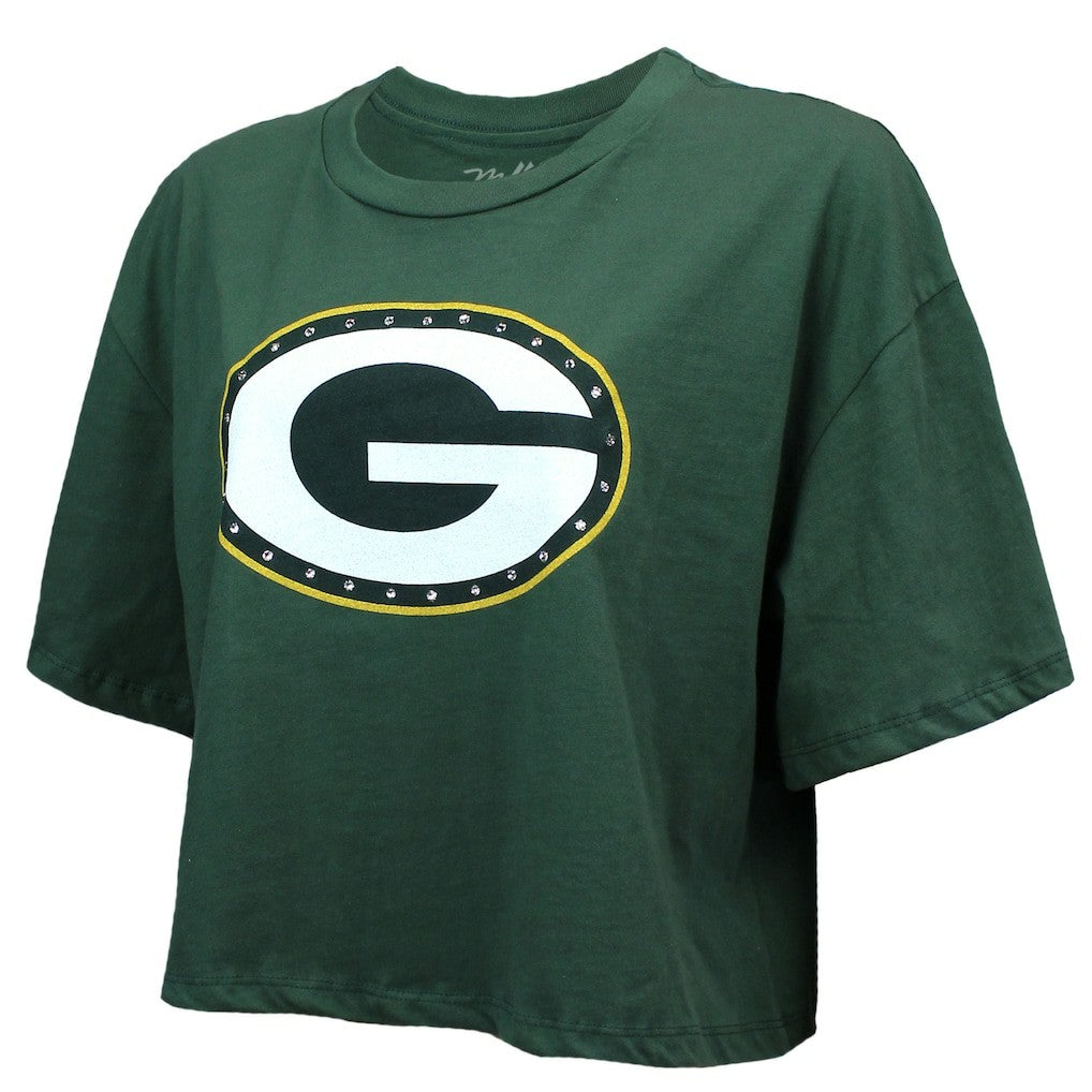 Jordan Love Green Bay Packers Majestic Threads Women's Swarovski Crystals Boxy Cropped Name & Number T-Shirt - Green - NFL
