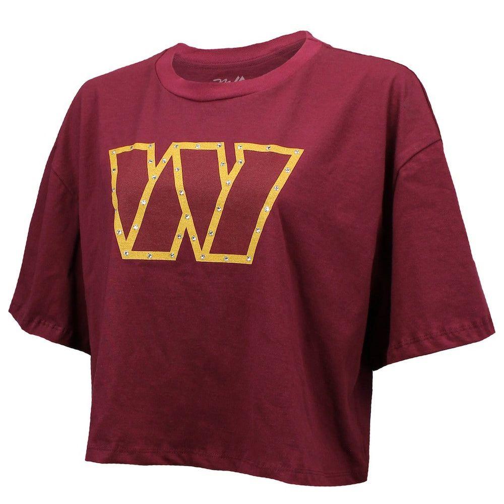 Jayden Daniels Washington Commanders Majestic Threads Women's Swarovski Crystals Boxy Cropped Name & Number T-Shirt - Burgundy - NFL
