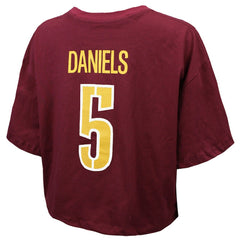 Jayden Daniels Washington Commanders Majestic Threads Women's Swarovski Crystals Boxy Cropped Name & Number T-Shirt - Burgundy - NFL