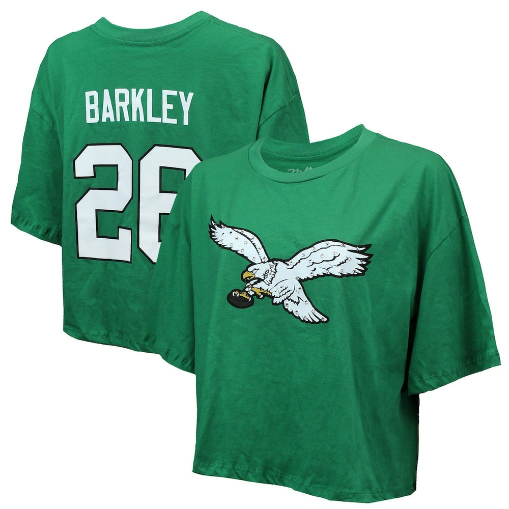 Saquon Barkley Philadelphia Eagles Majestic Threads Women's Swarovski Crystals Boxy Cropped Name & Number T-Shirt - Kelly Green - NFL