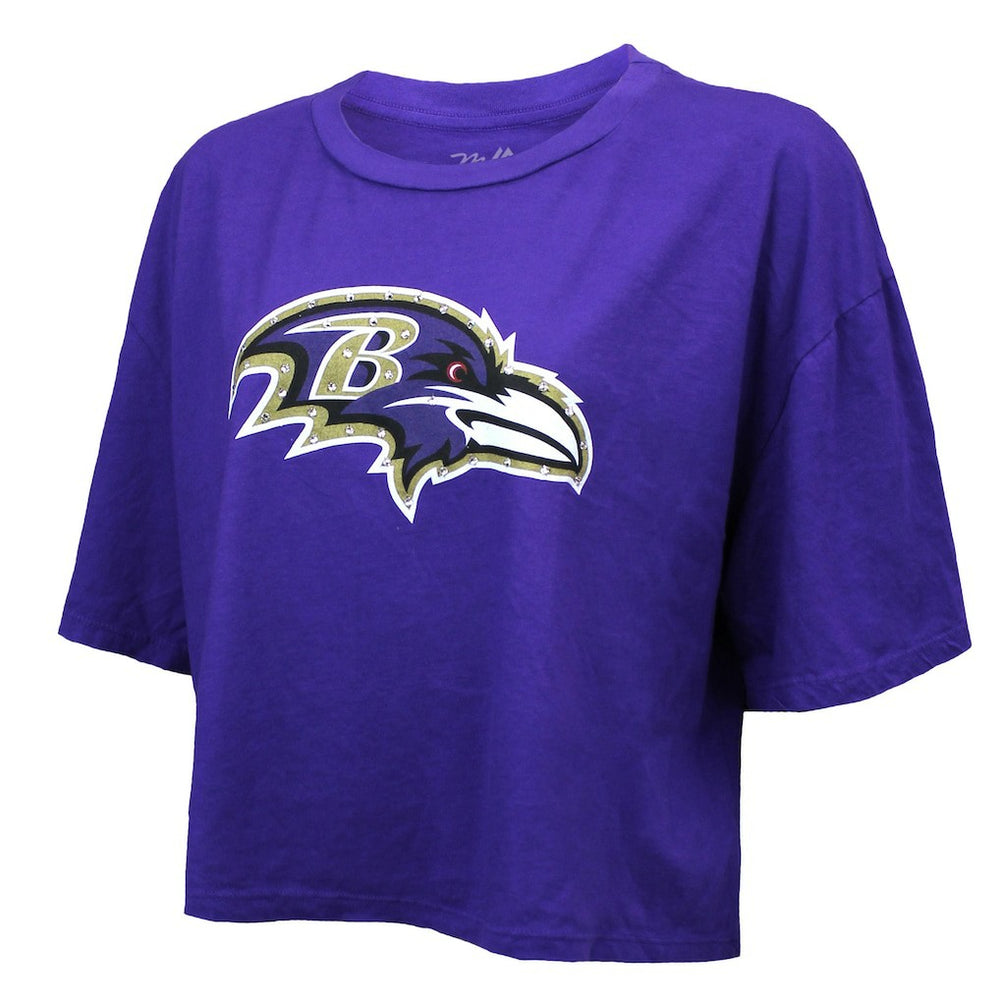 Lamar Jackson Baltimore Ravens Majestic Threads Women's Swarovski Crystals Boxy Cropped Name & Number T-Shirt - Purple - NFL