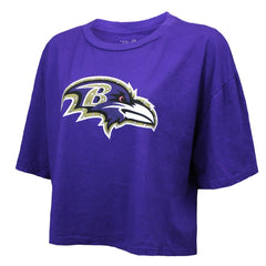 Lamar Jackson Baltimore Ravens Majestic Threads Women's Swarovski Crystals Boxy Cropped Name & Number T-Shirt - Purple - NFL
