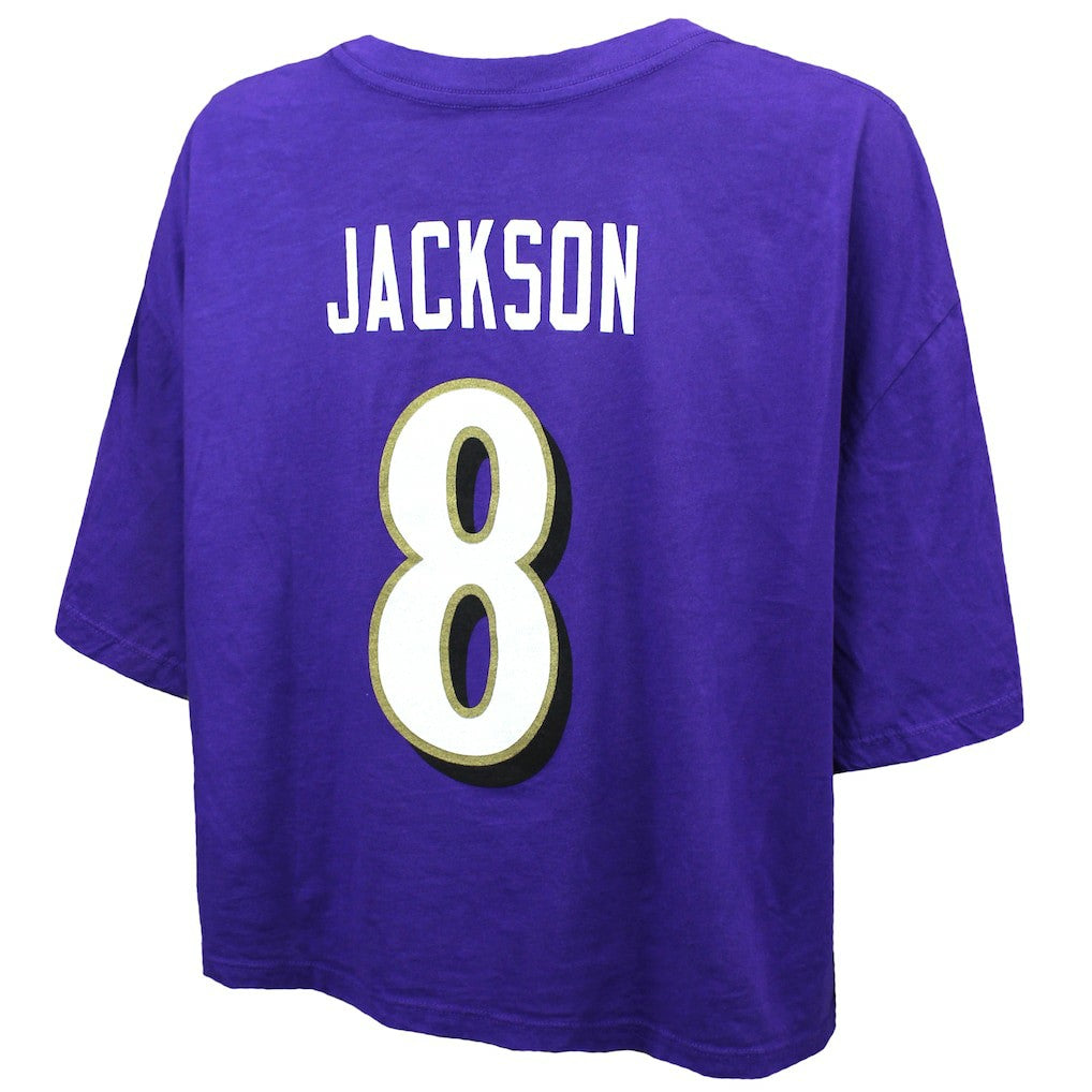 Lamar Jackson Baltimore Ravens Majestic Threads Women's Swarovski Crystals Boxy Cropped Name & Number T-Shirt - Purple - NFL