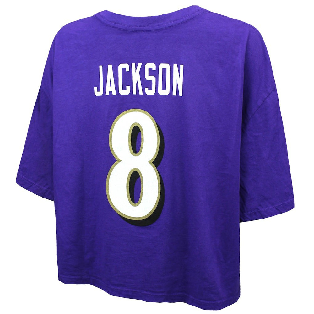 Lamar Jackson Baltimore Ravens Majestic Threads Women's Swarovski Crystals Boxy Cropped Name & Number T-Shirt - Purple - NFL