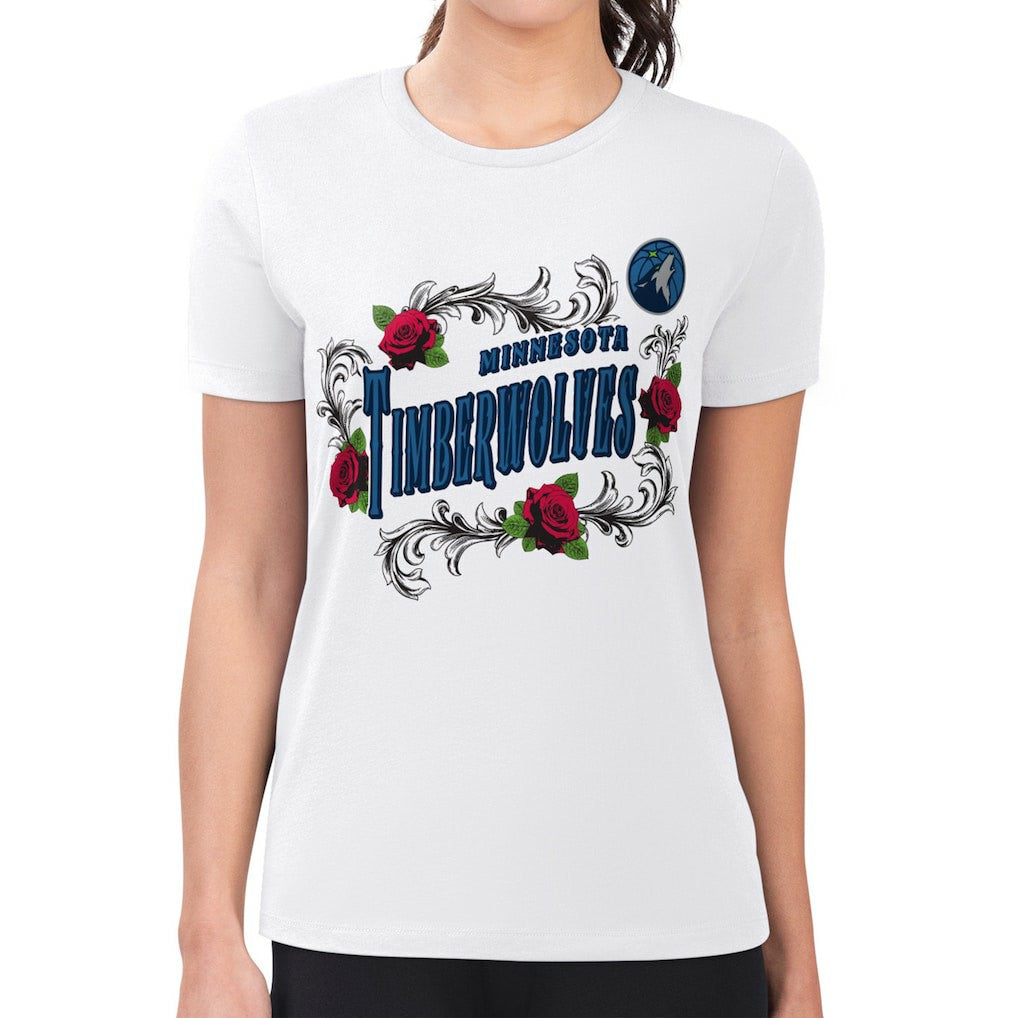 Minnesota Timberwolves G-III 4Her by Carl Banks Women's Super-Slim Fit Lightweight Roses Crew Neck T-Shirt White