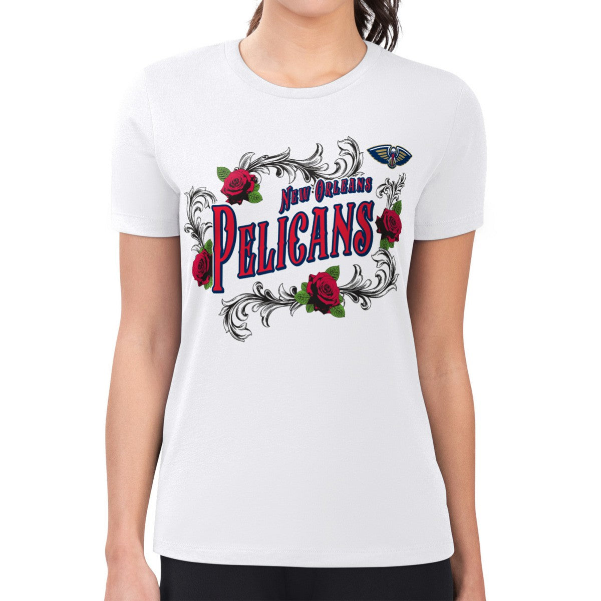 New Orleans Pelicans G-III 4Her by Carl Banks Women's Super-Slim Fit Lightweight Roses Crew Neck T-Shirt White