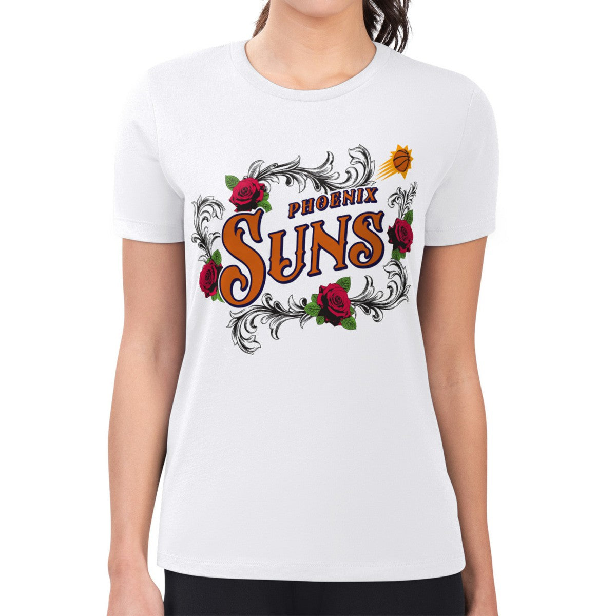 Phoenix Suns G-III 4Her by Carl Banks Women's Super-Slim Fit Lightweight Roses Crew Neck T-Shirt White