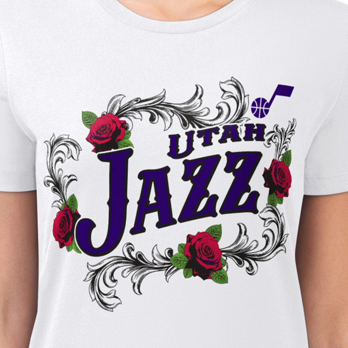 Utah Jazz G-III 4Her by Carl Banks Women's Super-Slim Fit Lightweight Roses Crew Neck T-Shirt White