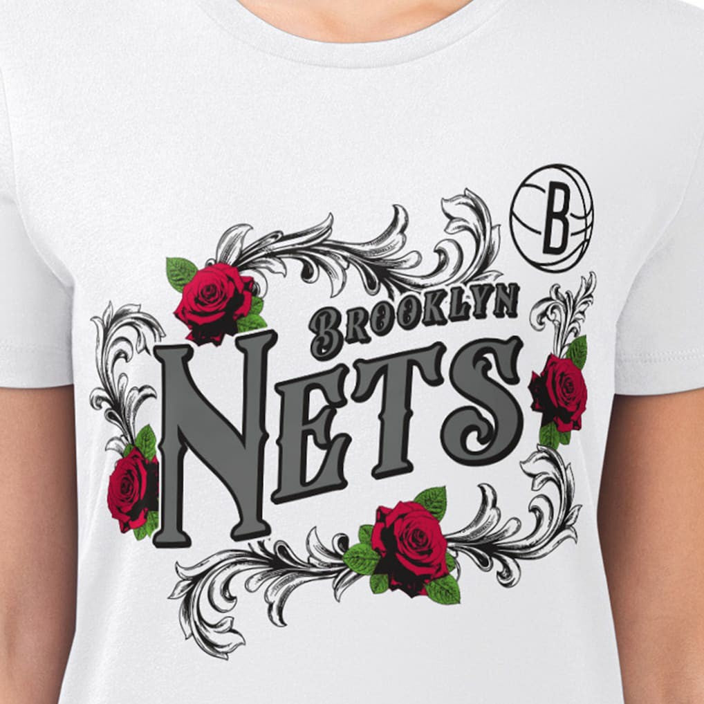 Brooklyn Nets G-III 4Her by Carl Banks Women's Super-Slim Fit Lightweight Roses Crew Neck T-Shirt White