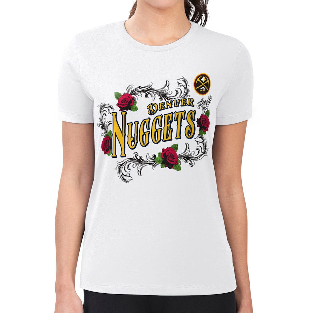 Denver Nuggets G-III 4Her by Carl Banks Women's Super-Slim Fit Lightweight Roses Crew Neck T-Shirt White