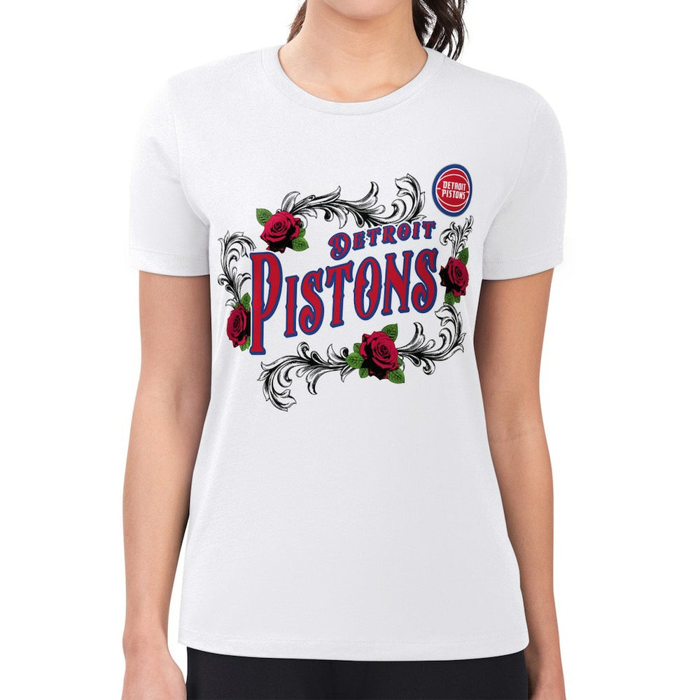 Detroit Pistons G-III 4Her by Carl Banks Women's Super-Slim Fit Lightweight Roses Crew Neck T-Shirt White