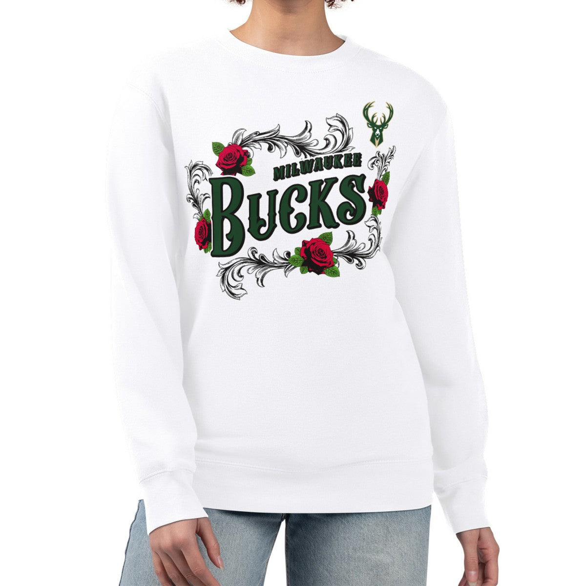 Milwaukee Bucks G-III 4Her by Carl Banks Women's Roses Fleece Tri-Blend Sweatshirt White