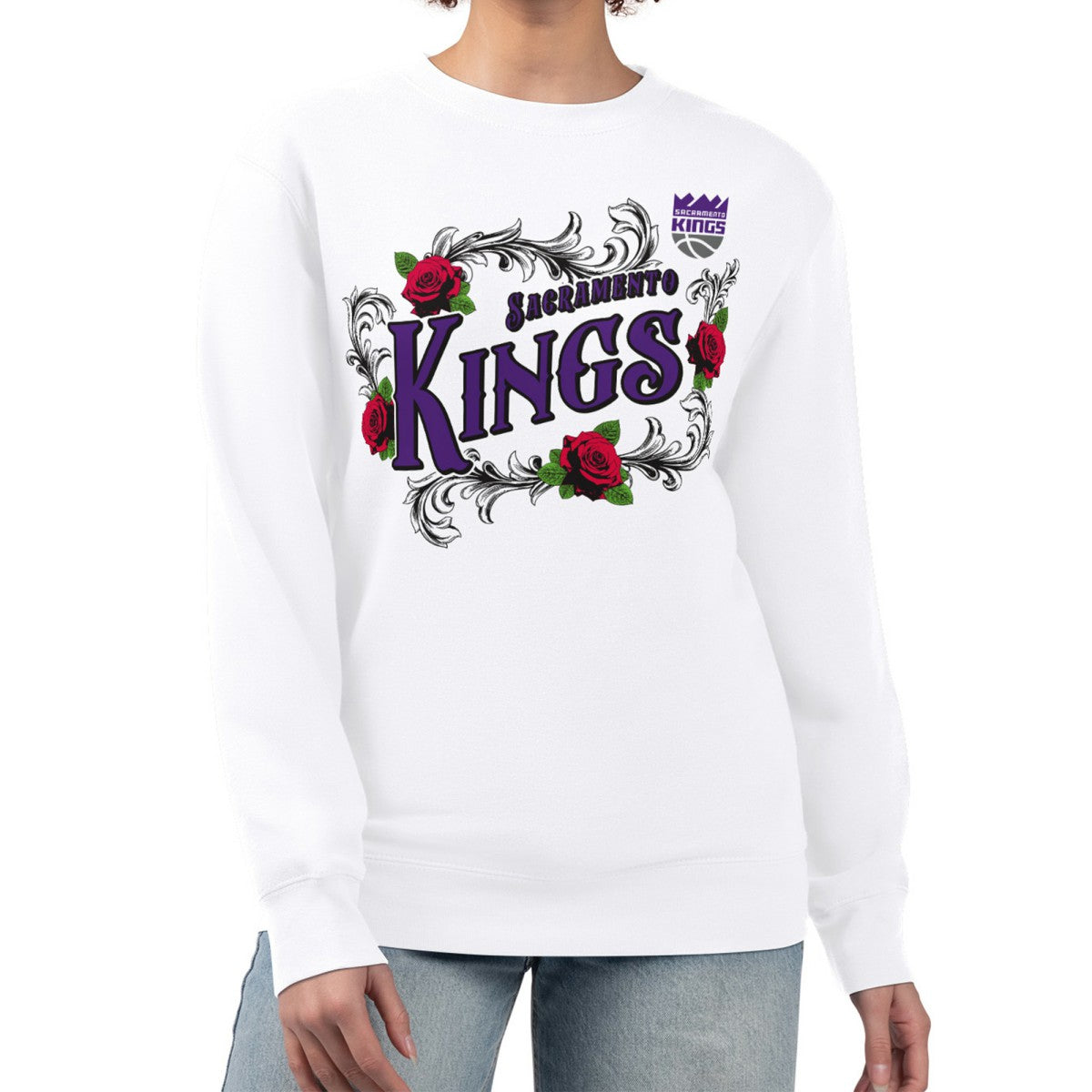 Sacramento Kings G-III 4Her by Carl Banks Women's Roses Fleece Tri-Blend Sweatshirt White