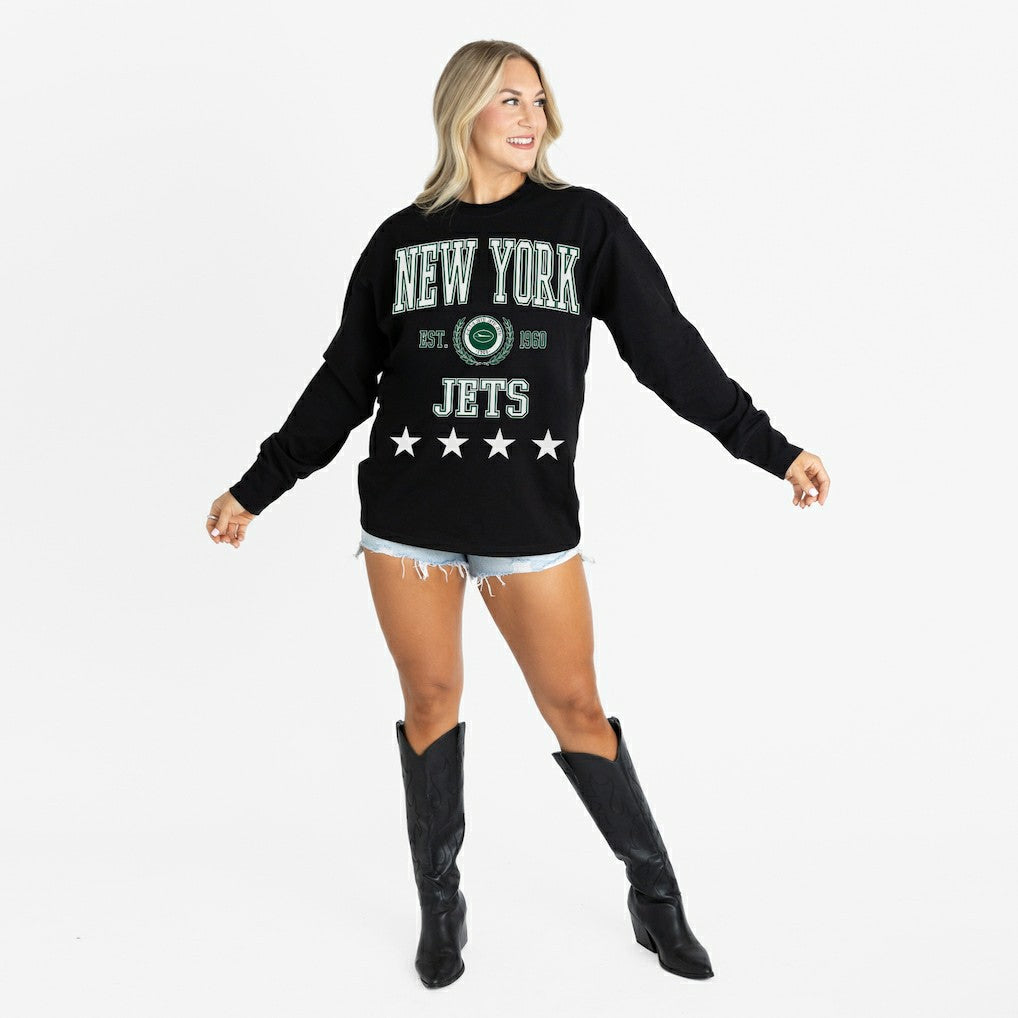 New York Jets Gameday Couture Women's Oversized Everyday Star Long Sleeve T-Shirt - Black - NFL