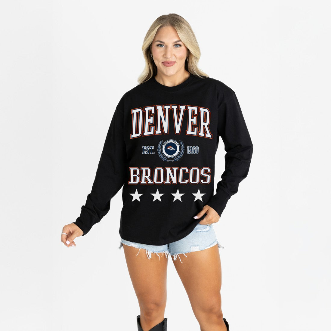 Denver Broncos Gameday Couture Women's Oversized Everyday Star Long Sleeve T-Shirt - Black - NFL
