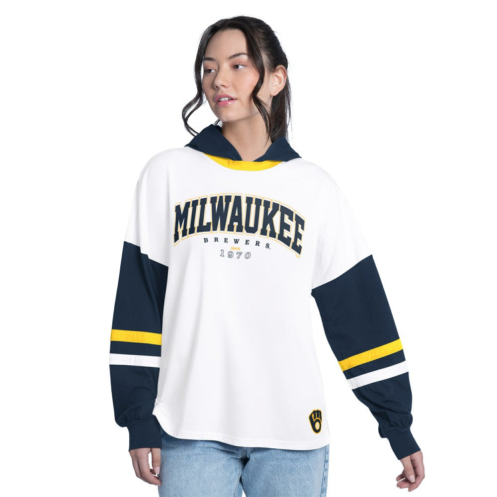 Milwaukee Brewers G-III 4Her by Carl Banks Women's Key Player Oversized Hooded Long Sleeve T-Shirt Outlet