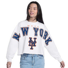 New York Mets G-III 4Her by Carl Banks Women's Bleachers Cropped Pullover Sweatshirt Outlet