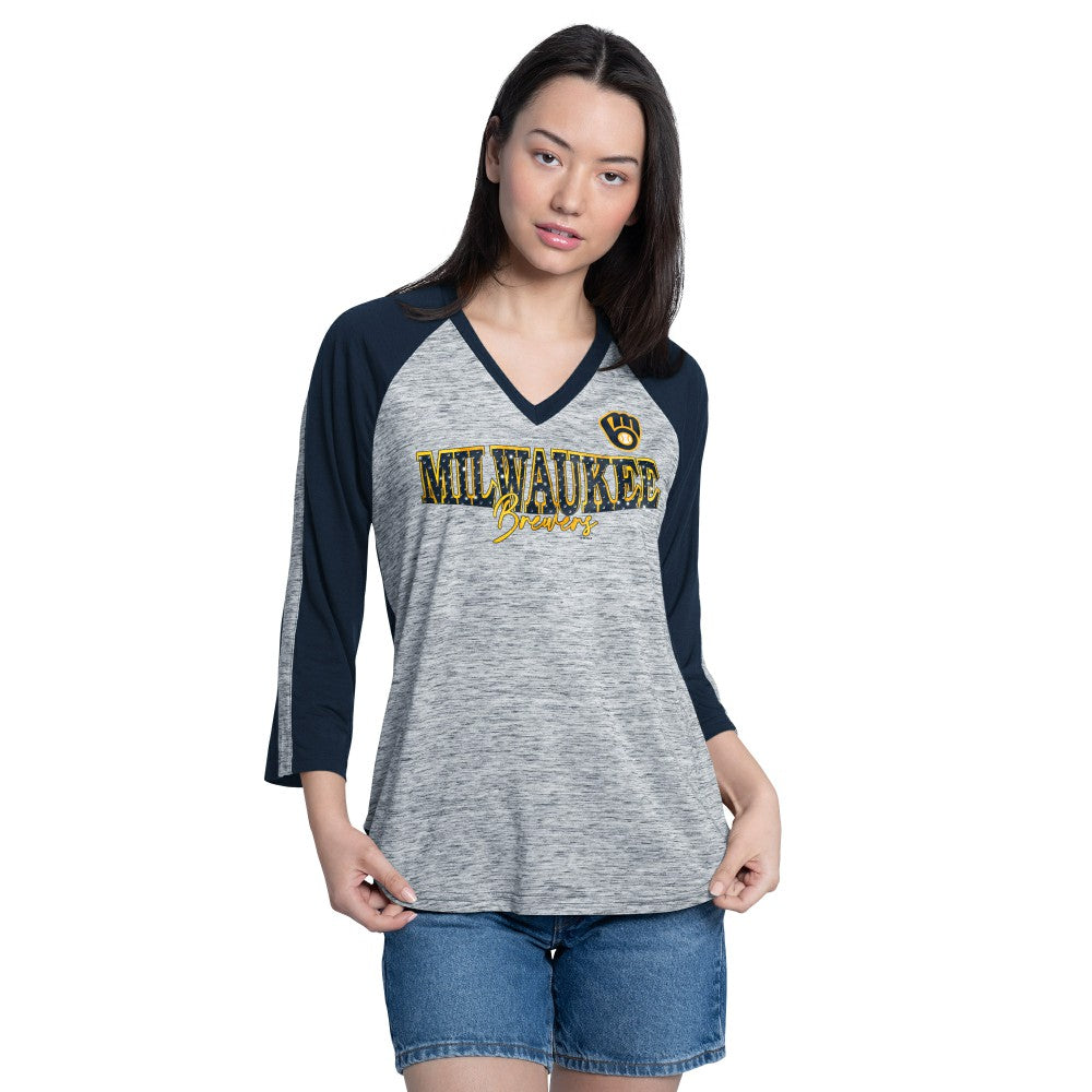 Milwaukee Brewers G-III 4Her by Carl Banks Women's Speed Training 3/4-Sleeve Rhinestone V-Neck T-Shirt Online