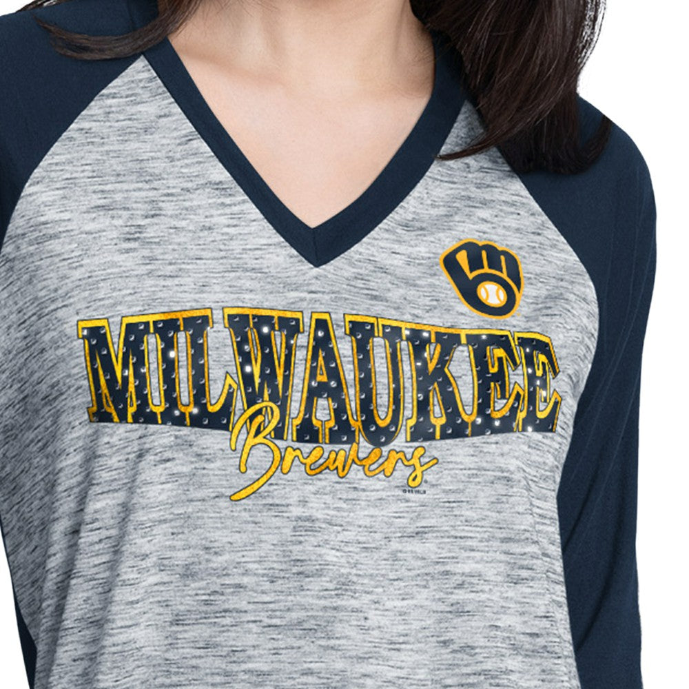 Milwaukee Brewers G-III 4Her by Carl Banks Women's Speed Training 3/4-Sleeve Rhinestone V-Neck T-Shirt Online