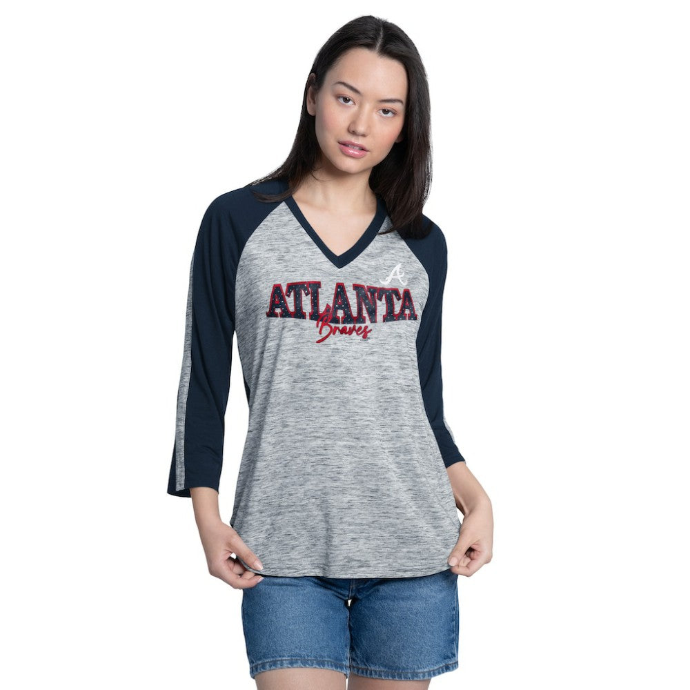 Atlanta Braves G-III 4Her by Carl Banks Women's Speed Training 3/4-Sleeve Rhinestone V-Neck T-Shirt for sale