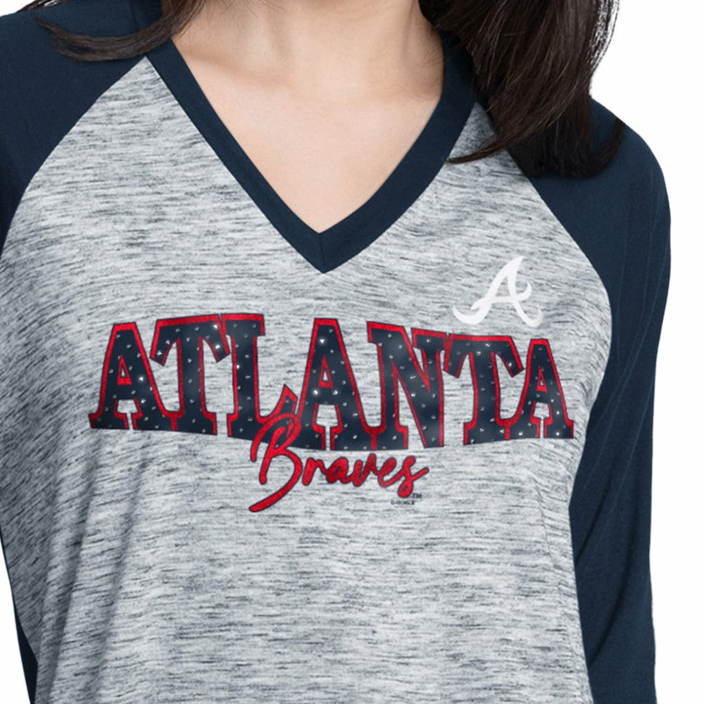 Atlanta Braves G-III 4Her by Carl Banks Women's Speed Training 3/4-Sleeve Rhinestone V-Neck T-Shirt for sale