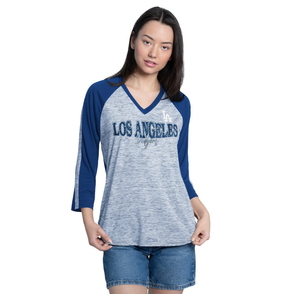 Los Angeles Dodgers G-III 4Her by Carl Banks Women's Speed Training 3/4-Sleeve Rhinestone V-Neck T-Shirt Online