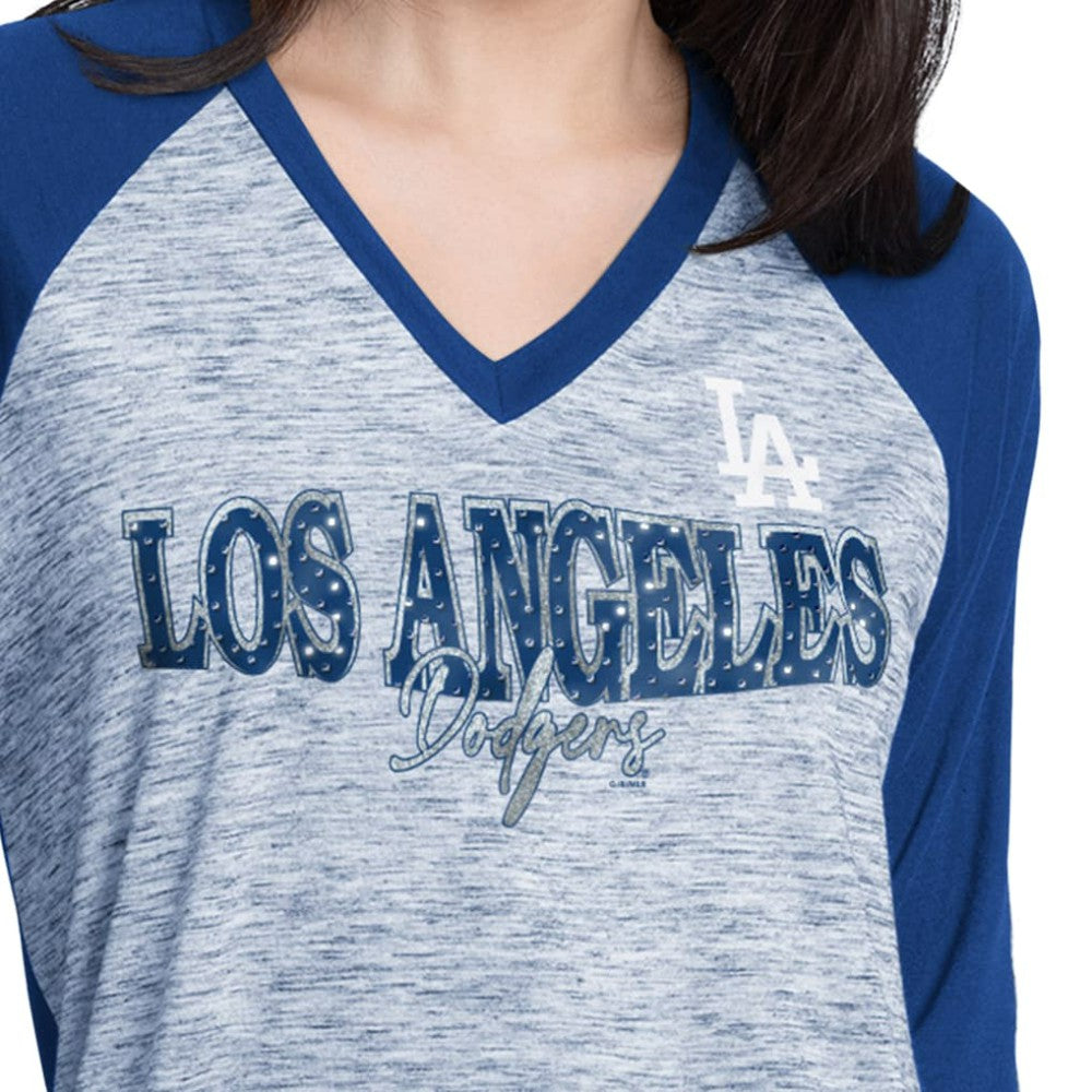 Los Angeles Dodgers G-III 4Her by Carl Banks Women's Speed Training 3/4-Sleeve Rhinestone V-Neck T-Shirt Online