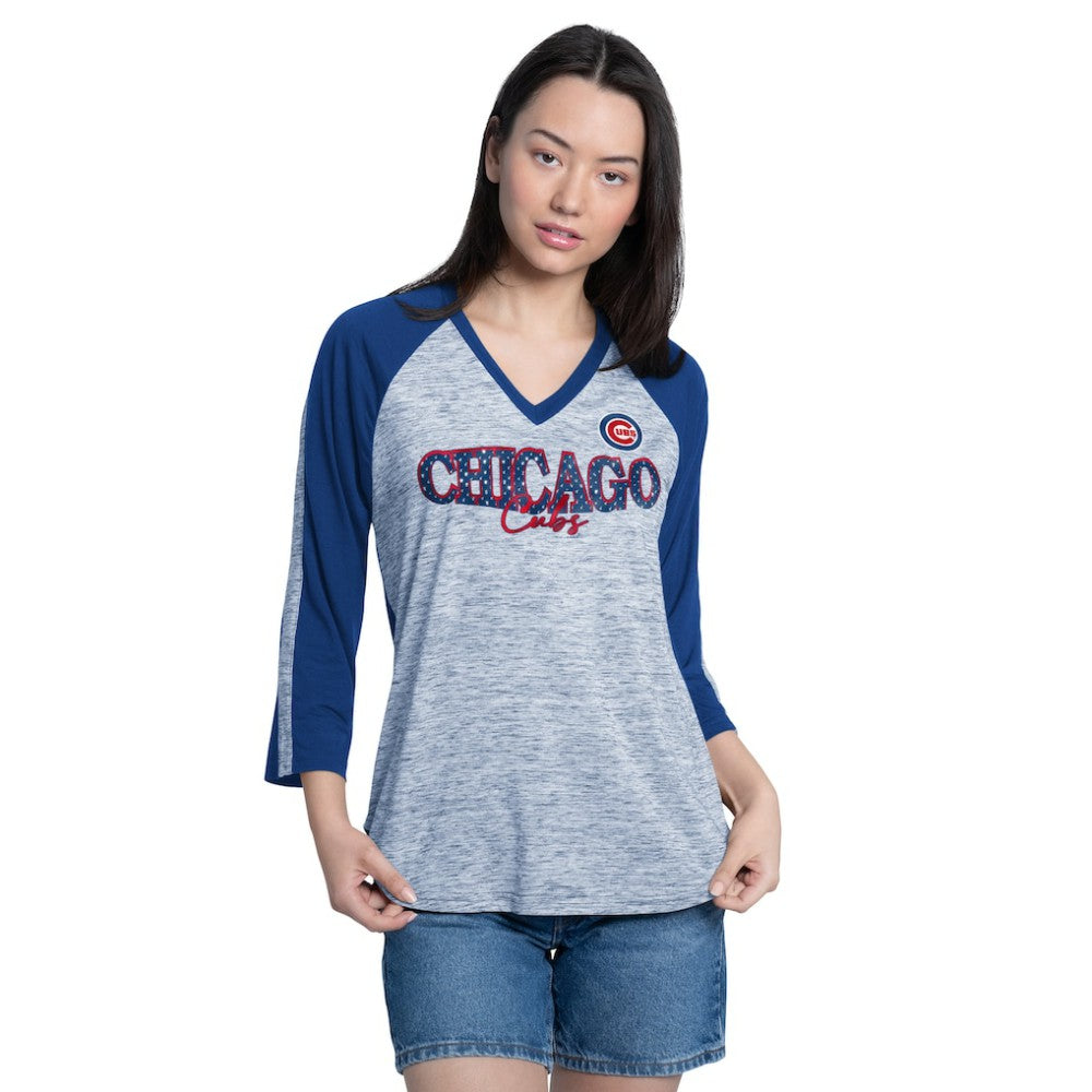 Chicago Cubs G-III 4Her by Carl Banks Women's Speed Training 3/4-Sleeve Rhinestone V-Neck T-Shirt Outlet
