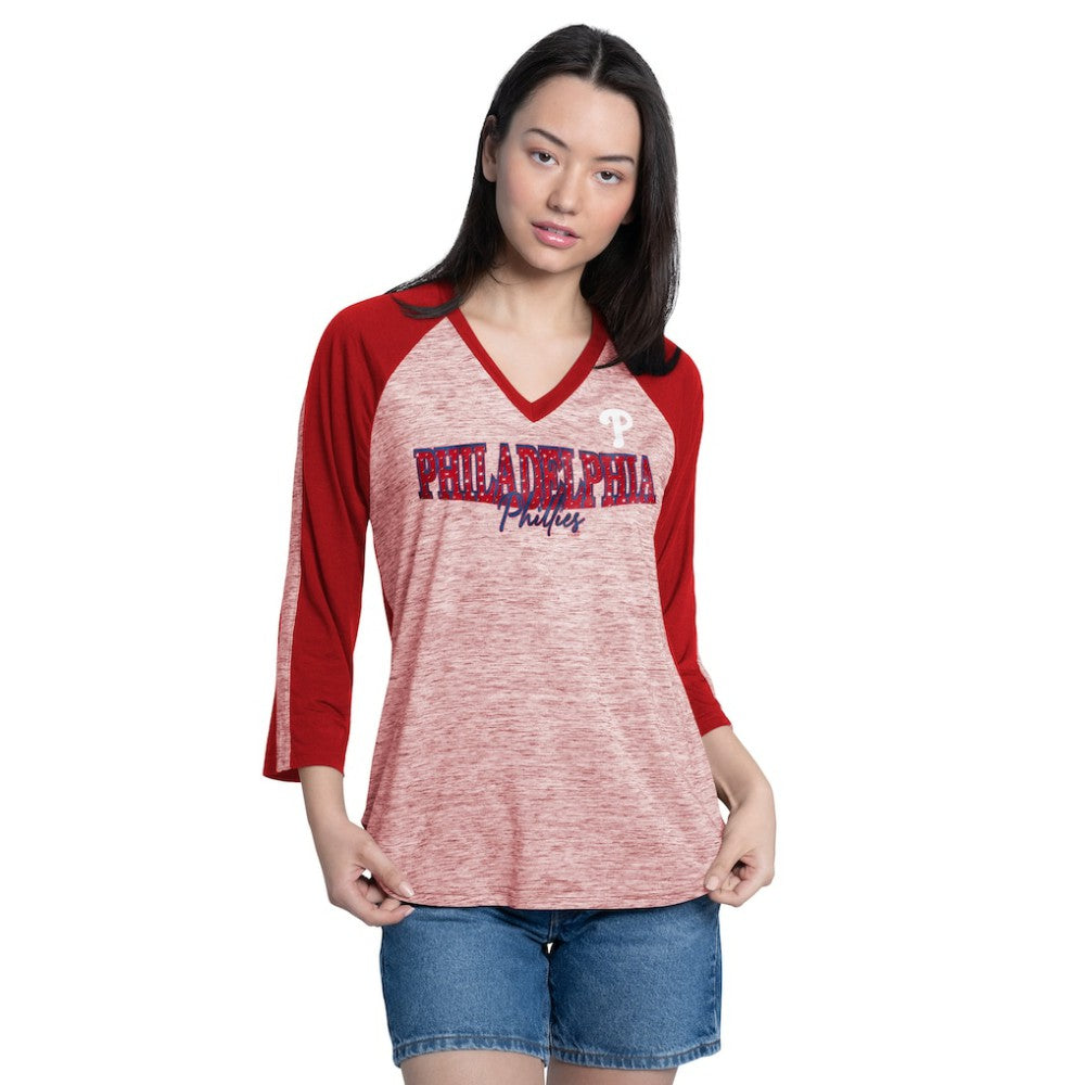 Philadelphia Phillies G-III 4Her by Carl Banks Women's Speed Training 3/4-Sleeve Rhinestone V-Neck T-Shirt for sale
