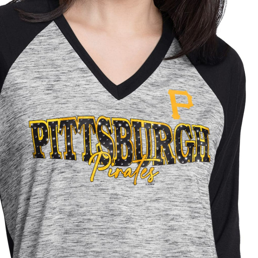 Pittsburgh Pirates G-III 4Her by Carl Banks Women's Speed Training 3/4-Sleeve Rhinestone V-Neck T-Shirt for sale