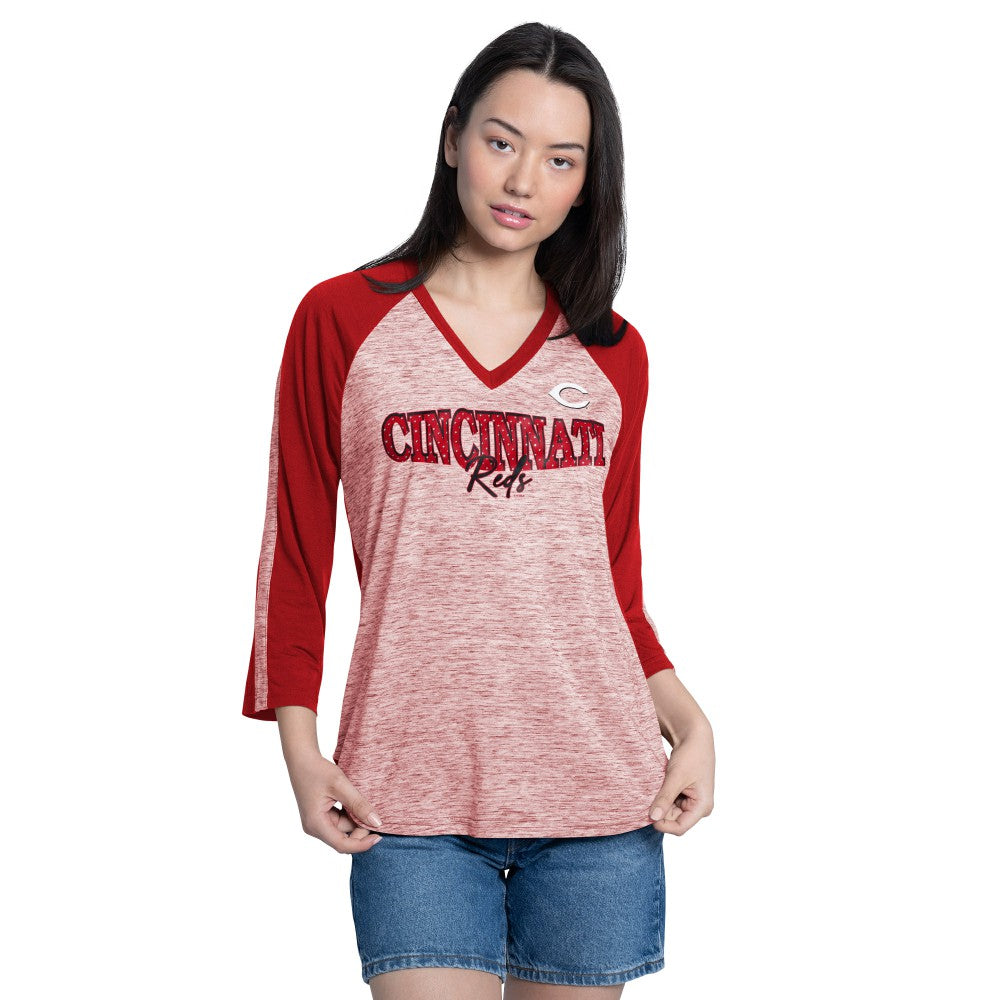 Cincinnati Reds G-III 4Her by Carl Banks Women's Speed Training 3/4-Sleeve Rhinestone V-Neck T-Shirt Outlet