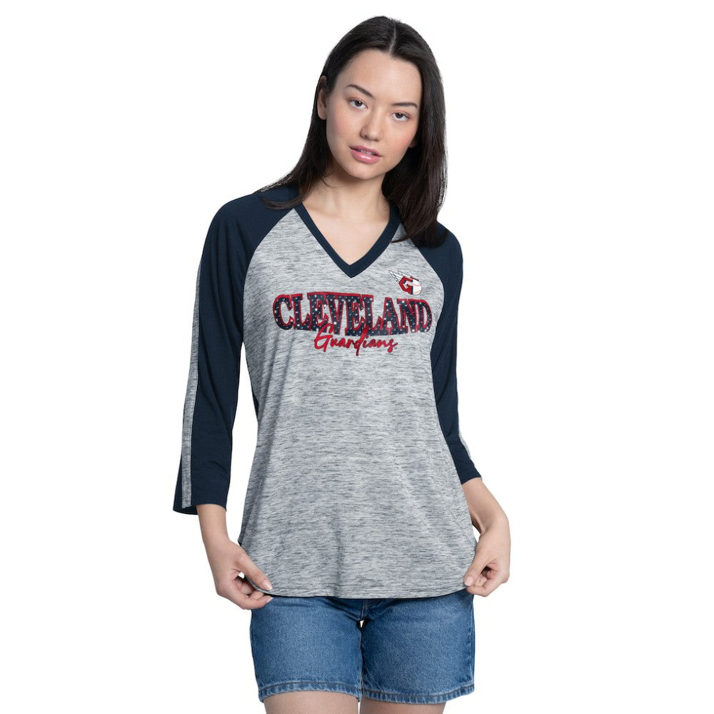 Cleveland Guardians G-III 4Her by Carl Banks Women's Speed Training 3/4-Sleeve Rhinestone V-Neck T-Shirt Outlet